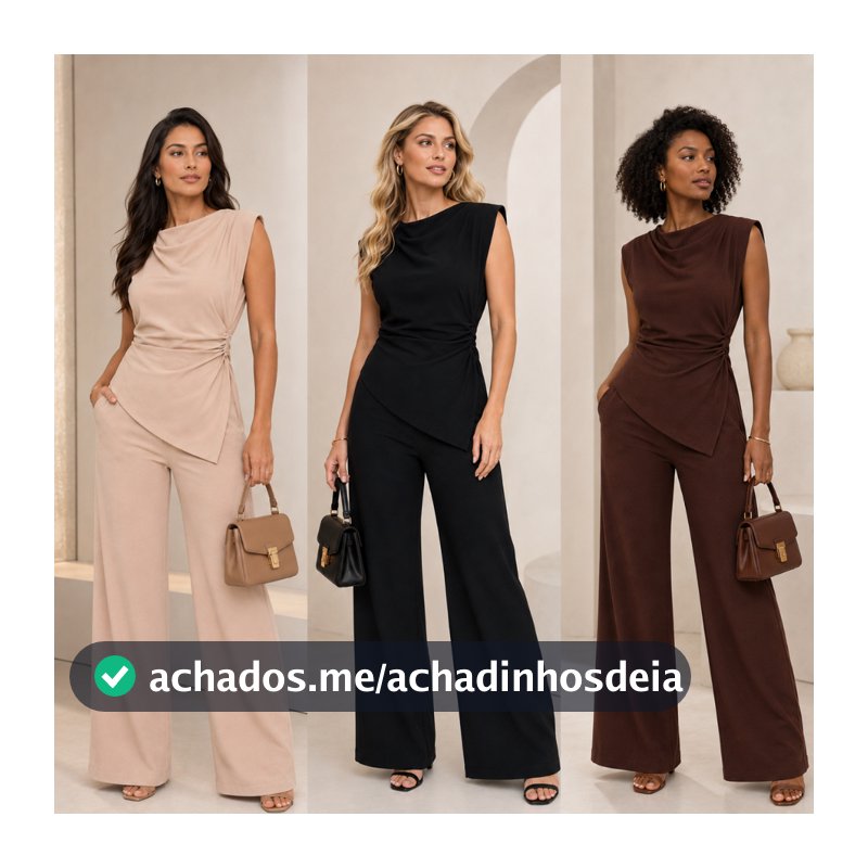 Conjunto Feminino Alfaiataria Assimétrico Blusa Franzida e Calça Panatalona Social Elegante Moda Mulher Verão Promoção