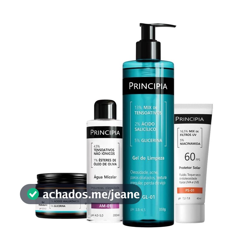 Principia Kit Peles Oleosas c/ Gel de Limpeza GL-01 + Água Micelar AM-01 + Gel Hidratante GH-01 + Protetor PS01 FPS 60
