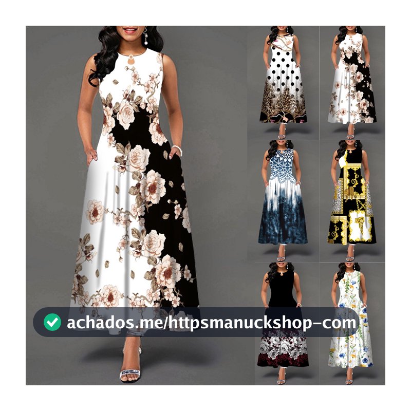Plus Size Vestido Longo Feminino Sem Mangas Floral Retro Grande Boêmio Bolsos Para Clube/Festa/Social/Casual  P-5XG