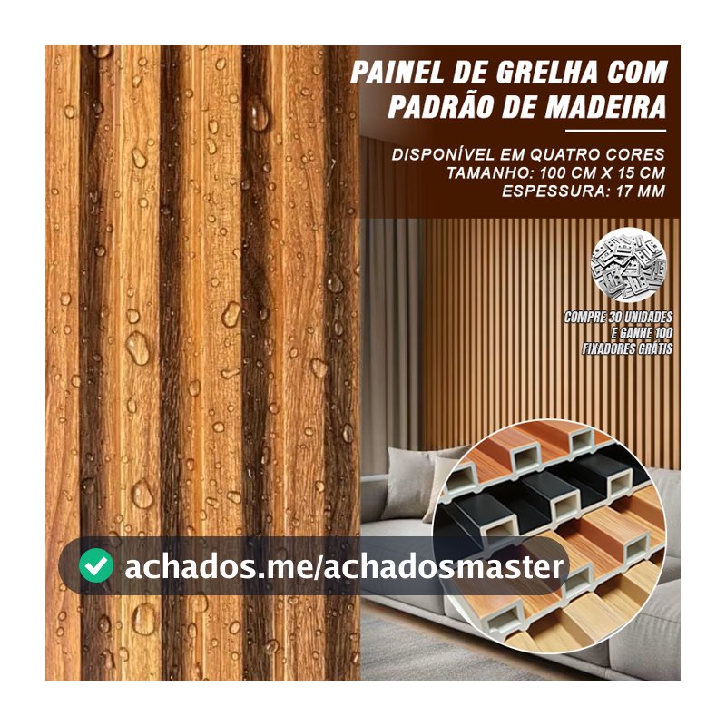 Kit 10/20/30 Placas Painel Ripado Carvalho Decorativo WPC 100cmx15cm 17mm Revestimento Decorativo Parede Sala Quarto