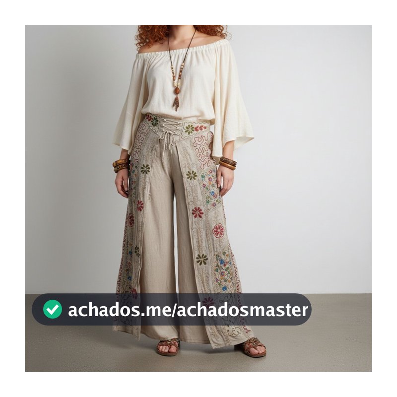 Calça Indiana Bordada  Estonada Pantalona Com Abertura Lateral Hippie