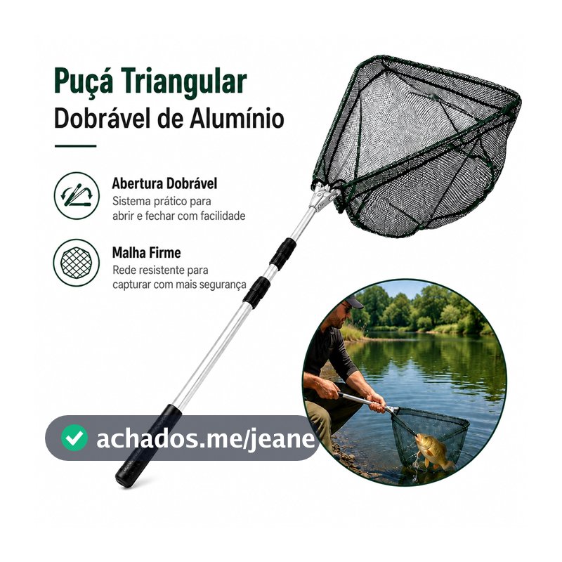 Puçá Triangular Dobrável Alumínio Haste Telescópica 1,70m Rede para Pesca Rio Lago Tanque