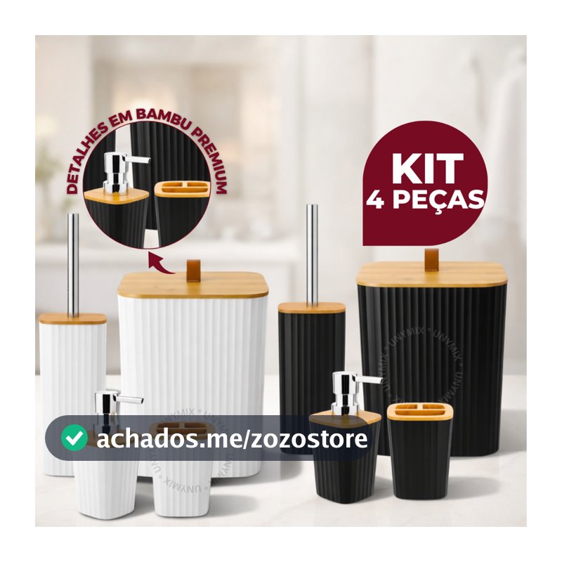 Kit Banheiro Quadrado em Bambu com Lixeira Luxo e Puxador de Couro