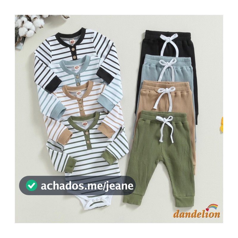 Conjunto de Roupas Quentes de Outono para Bebê Menino 2 Peças: Macacão de Manga Longa com Estampa Listrada + Calças