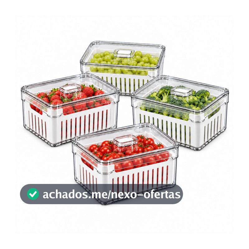 【Cozena】Kit 4 Potes Acrílicos Organizadores de Geladeira 2,2L com Cesto Escorredor Tampa para Frutas Legumes e Verduras