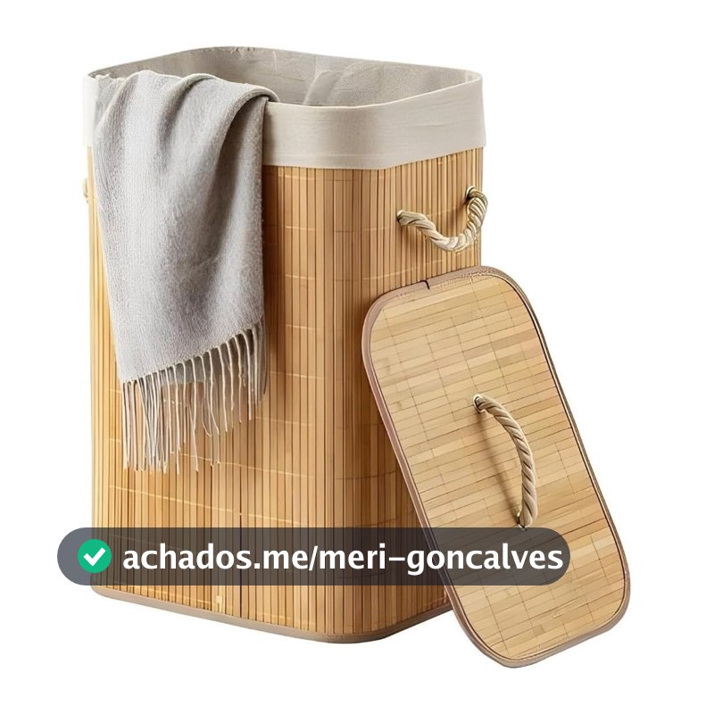 Cesto Roupa Bambu Retangular Redondo Com Tampa Cesto Oraganizador Roupa Suja Alças Bege