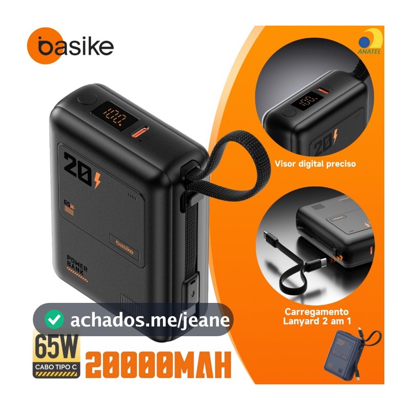 BASIKE Power Bank 20000mAh PD 65W  carregamento rápido Carregamento Duplo Com 2 Cabos