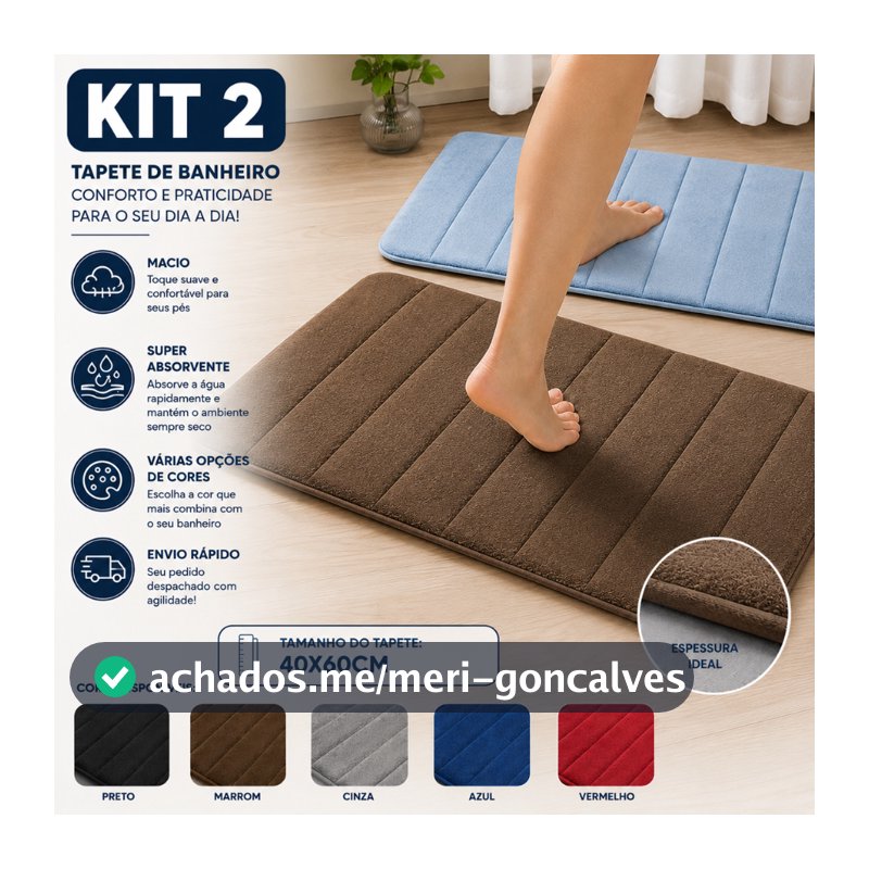 Kit com 2 Tapete Antiderrapante Absorvente Banheiro Quarto Macio Soft Secagem Rapida 60x40