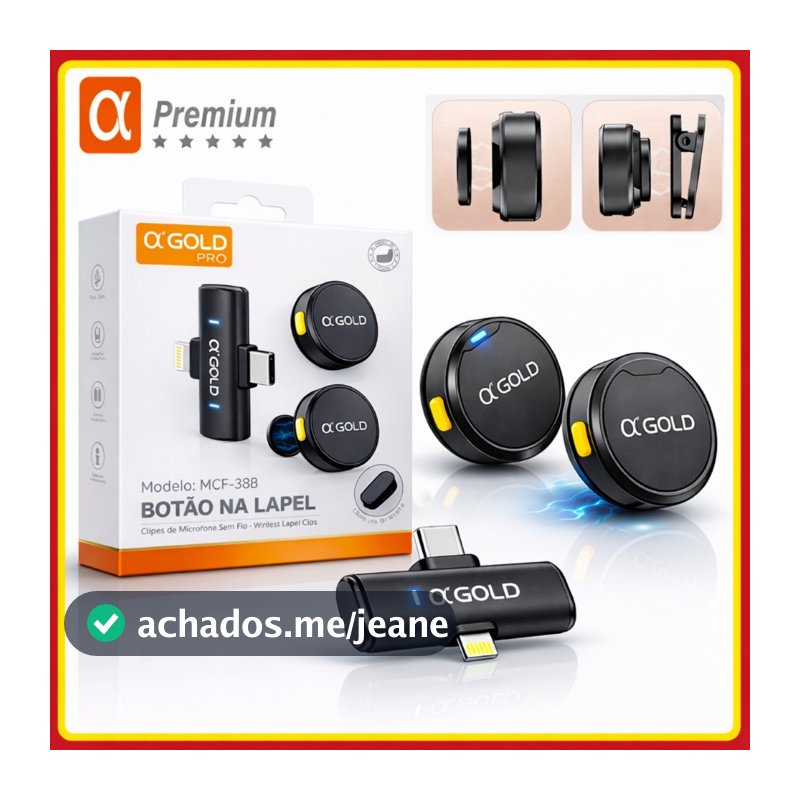 Microfone Sem fio de Lapela Duplo Magnético Redondo Bluetooth para Celular Entrevista 2 em 1 A'Gold