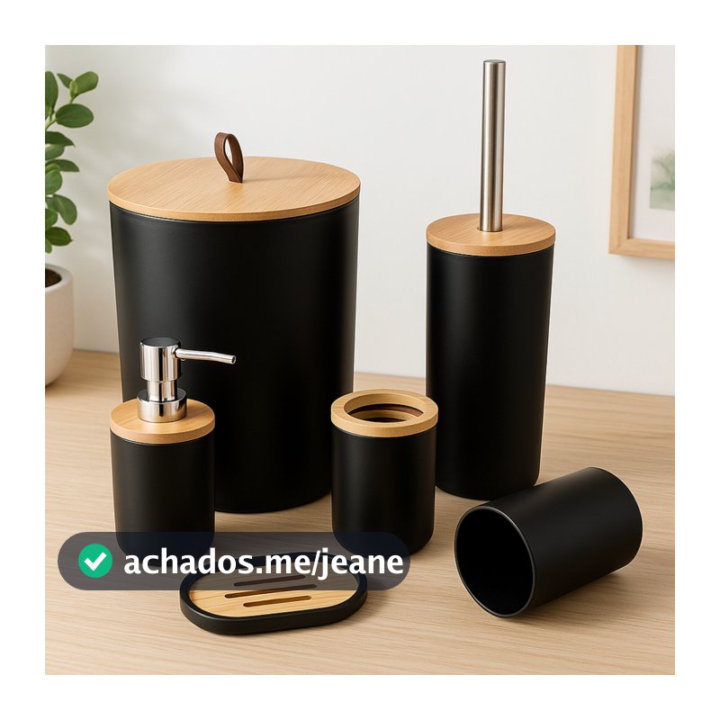 Kit de Banheiro Completo com 6,4 ou 2 Peças - Lixeira com Tampa puxador couro Bambu para Lavabo