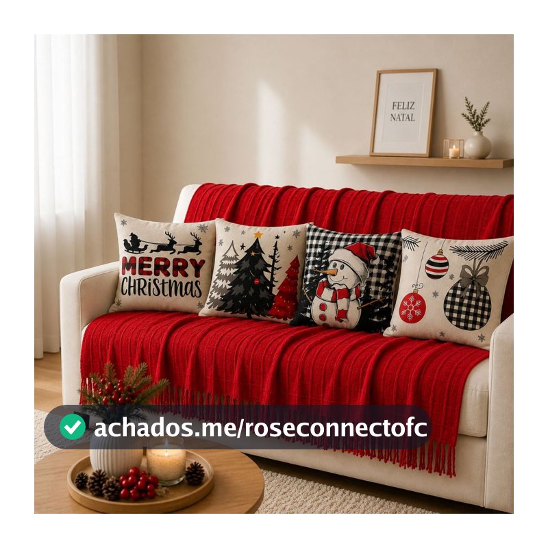 Kit Manta Decorativa 1,40x1,70 + 4 Capas de Almofada Natal 43x43 para Sala e Sofá Decoração Natalina