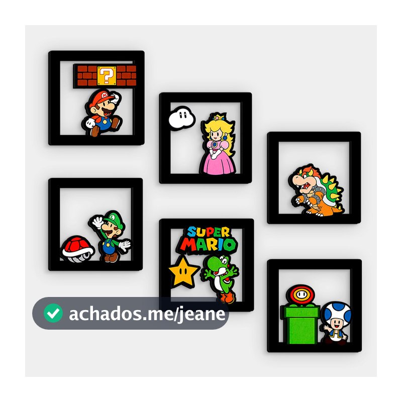 Kit 6 Quadros Super Mario e Amigos MDF Vazado 14x14cm