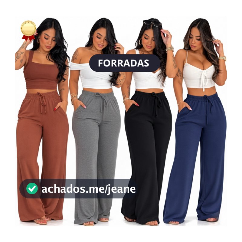 Calça Pantalona FORRADA DUNA Cintura Alta Feminina Tecido Fresco Com Bolso