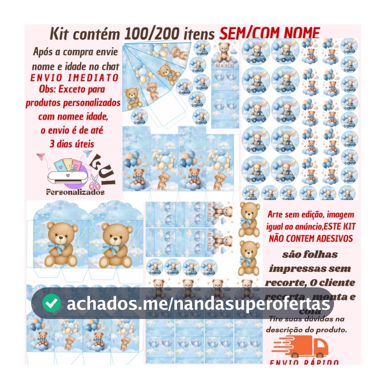 KIT COM 200/100 ITENS LEMBRANCINHAS S/COM NOME TEMA: CHA DE BEBÊ URSINHO AZUL  (Envio Rápido)