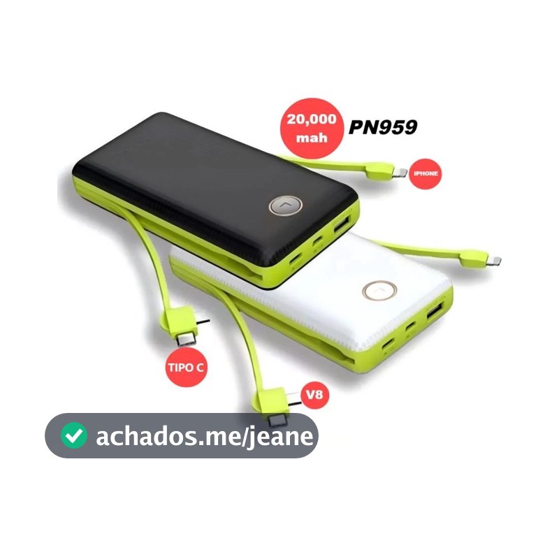 Power Bank 20000mAh com 3 Cabos Embutidos, Carregador Portátil para iPhone e Android PN-959