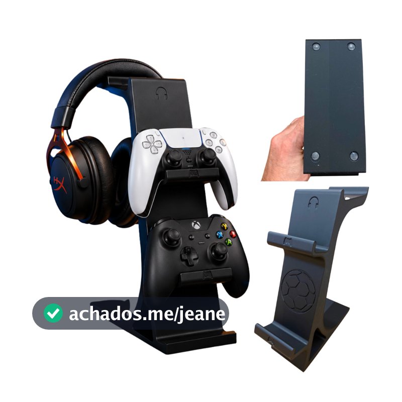 Suporte 2 Controles Headset Fone Gamer Universal Compatível Xbox Ps4 Ps5 Mesa Headphone Preto Setup Anti Derrapante