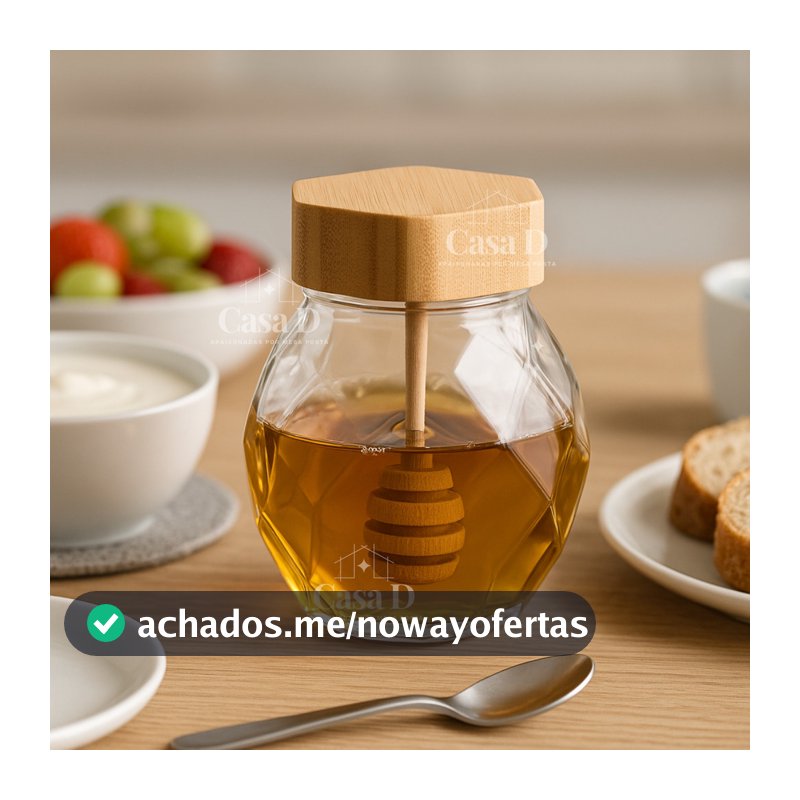 Meleira Portal Mel Wolff 200ml com Pegador Tampa Bambu Mesa Posta Requintada Luxo Transparente Cantinho do Café Fofura