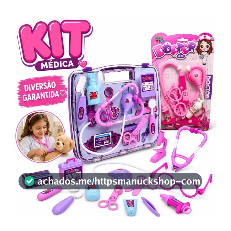 Kit Médica Maleta, Infantil, Educativo, Divertido, Brinquedo Menina, Mini Doutora, Rosa 14 Peças