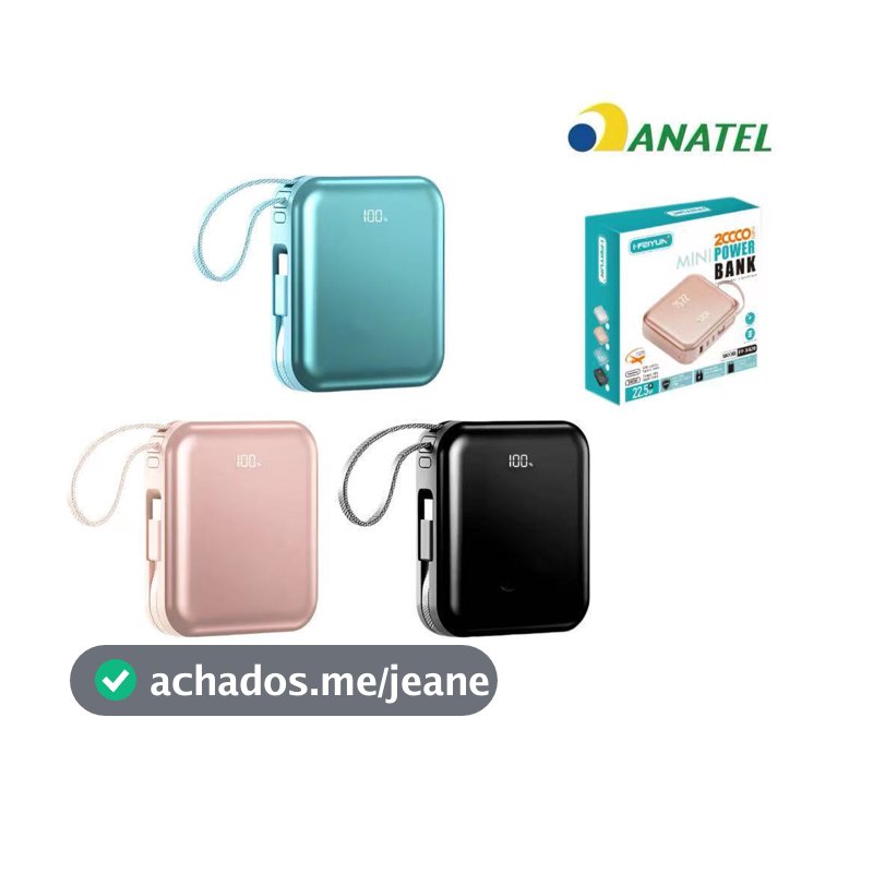 Mini power bank portátil 20.000 mAh com IOS e cabo Tipo C