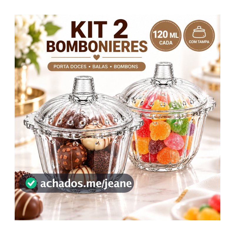 Kit 2 Bombonieres de Vidro 120ml com Tampa Potiche Porta Doces Balas Bombons
