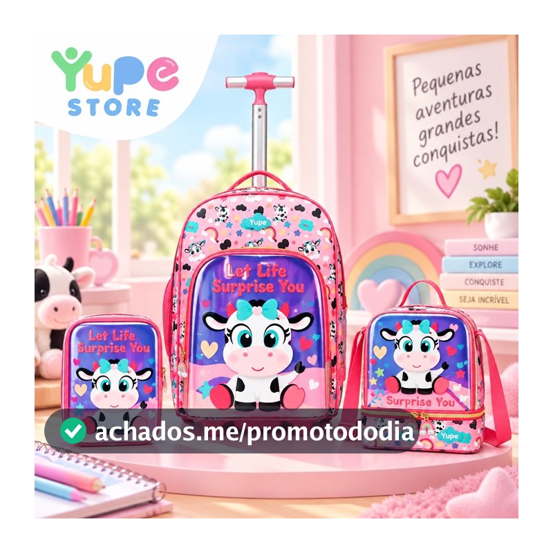 YUPE Kit Mochila Lancheira Estojo Escolar Vaquinha Rodinha Infantil Feminina