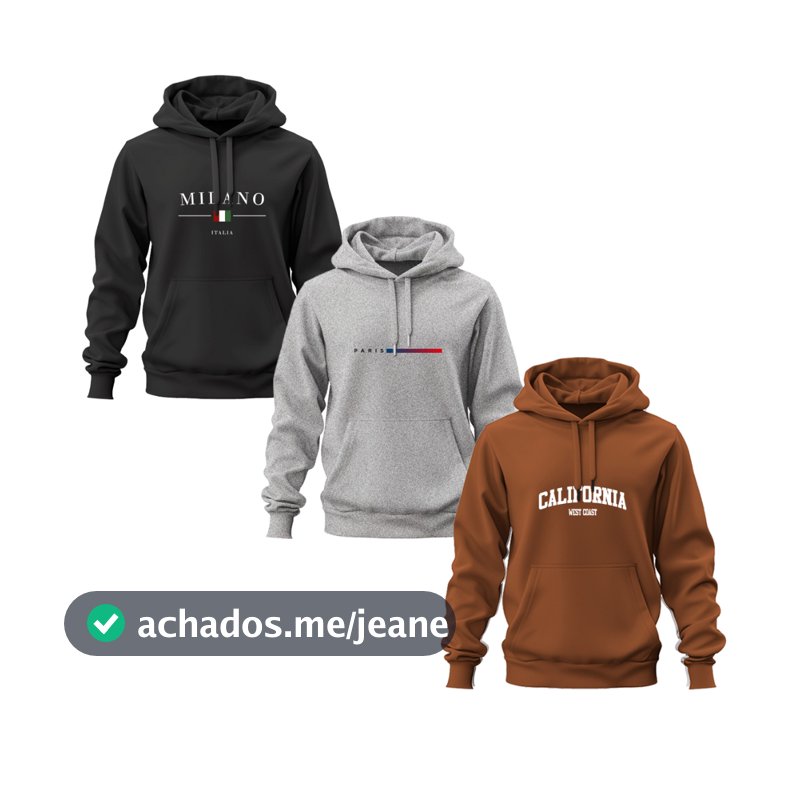 Kit 3 Moletom Canguru Milano Paris Califórnia Inverno Casual