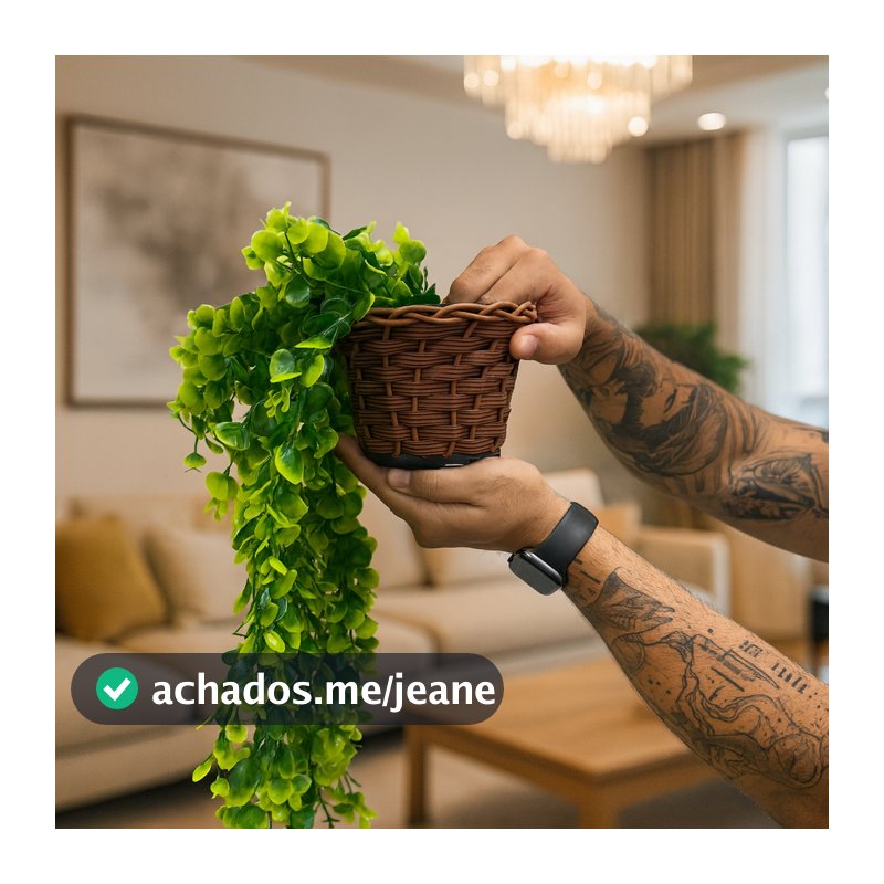 Kit Planta Decorativa: Vaso Trançado Marrom + 1 Pendente Artificial Folhas De Eucalipto