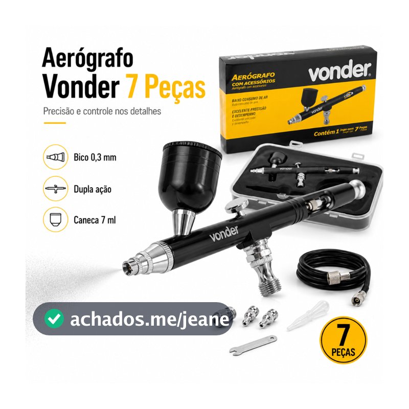 Aerógrafo Vonder 0,3mm Kit 7 Peças Dupla Ação Mangueira 1,8m Pintura Artesanato Retoque Automotivo Confeitaria Maquiagem