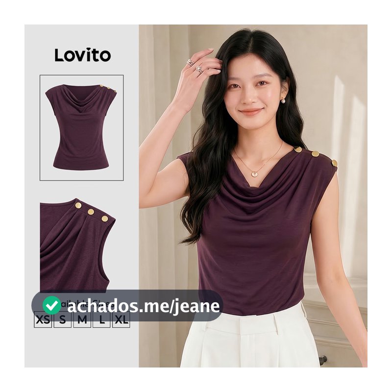 Lovito Feminina Elegante Camiseta Roxa com Botão para Primavera/Verão LK5AD197