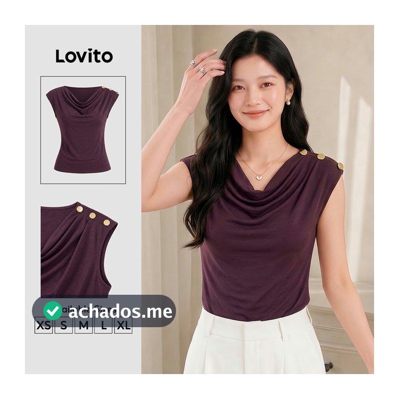 Lovito Feminina Elegante Camiseta Roxa com Botão para Primavera/Verão LK5AD197
