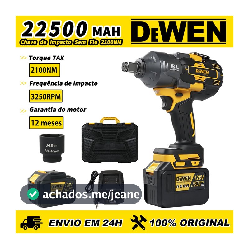 Chave de Impacto Sem Escova 2100Nm 128V 41mm Maleta e 1 Bateriar Elétrica 3 em 1 Multifuncional