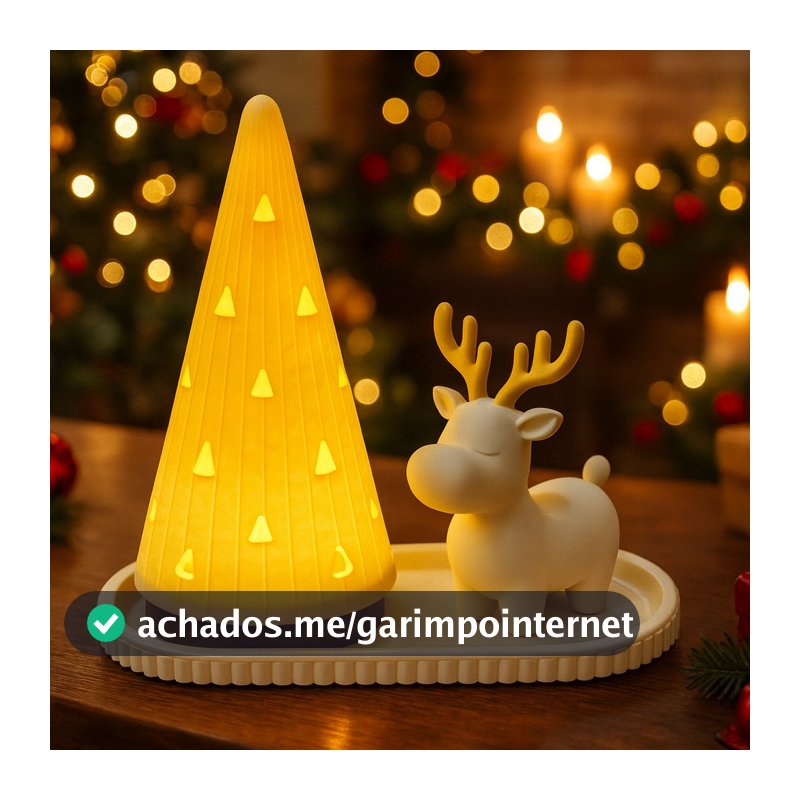 Kit Decoração de Natal Bandeja Com Rena e Árvore de Natal Iluminada Com Vela LED Enfeite Natalino