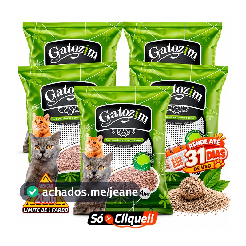 Kit 5 Pacotes Areia de Gato Gatozim 20KG Granulado Forma Torrões Firmes Controle De Odores Econômico Natural