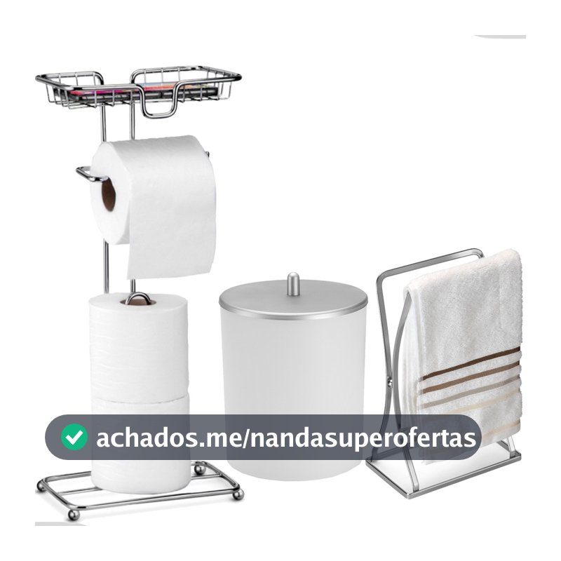 Kit Acessorios Lavabo Banheiro Lavabo Toalha Rosto Porta Papeleira Celular Branco Prateado Arthi