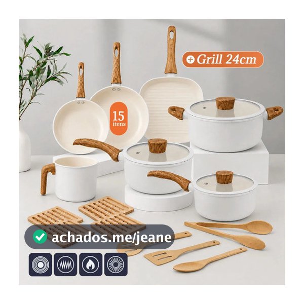 Jogo De Panelas 15 Peças c/ Grill Antiaderente 3 Camadas Cerâmica PFOA Free Para todos os fogões PPG Neoglide Tuut