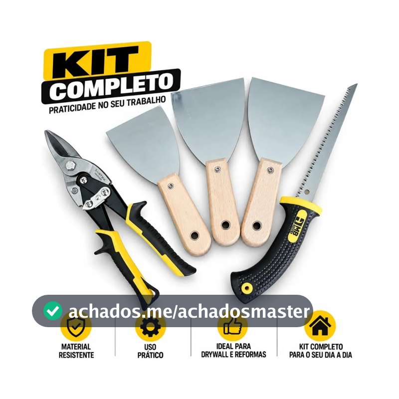 Kit Gesseiro Drywall 5 Pçs Serrote Tesoura Espátulas Inox 7,5 10 12.5cm Cabo Emborrachado Gesso