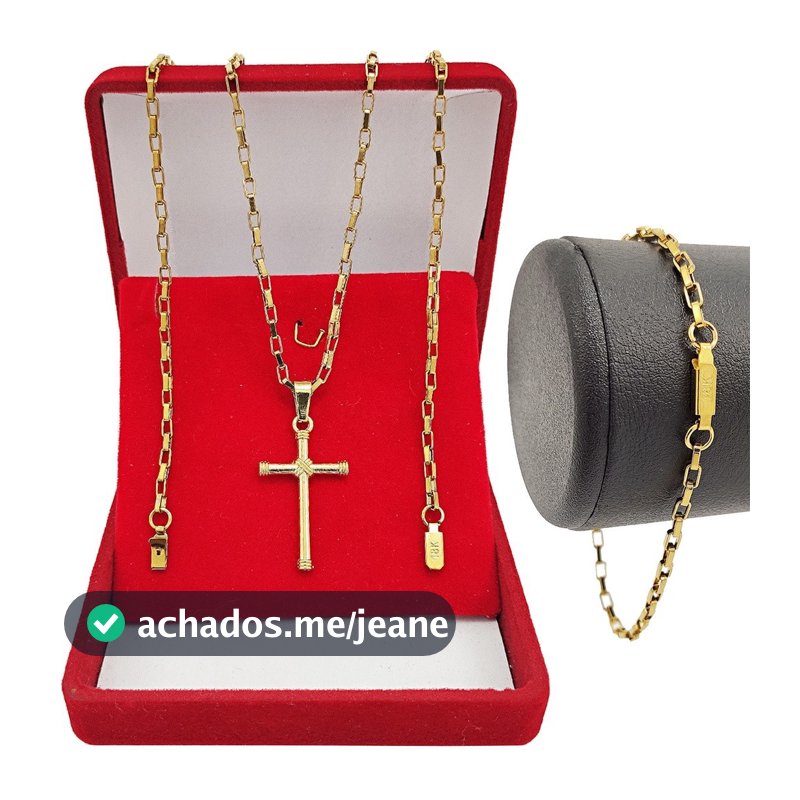 Corrente Masculina Cordão 60cm Tijolinho Com Pingente Crucifixo e Pulseira Tijolinho