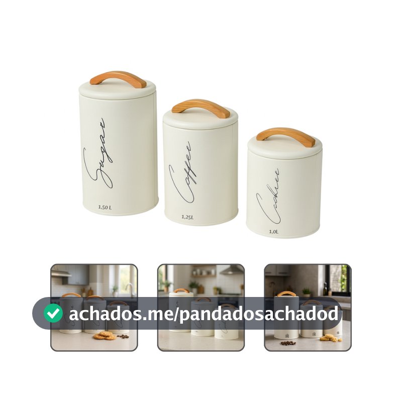 Kit 3 Potes Herméticos Mantimentos Lata Com Tampa E Alça Em Bambu Açúcar Café E Cookies