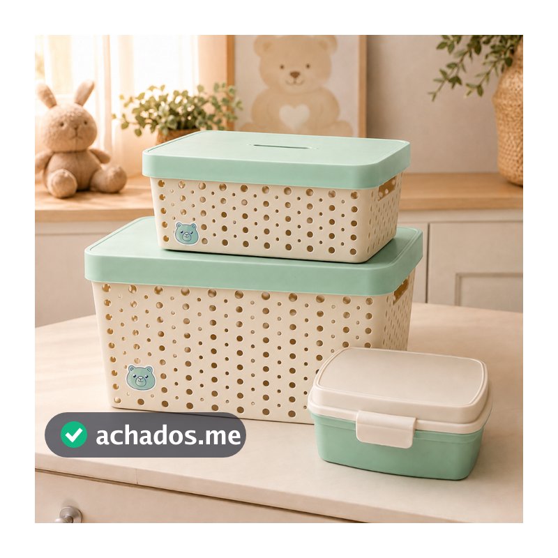 Kit 2 Caixas Cestos Organizador Quarto Bebê Infantil Trama Rattan ZukBaby Verde Com Brinde Farmacinha