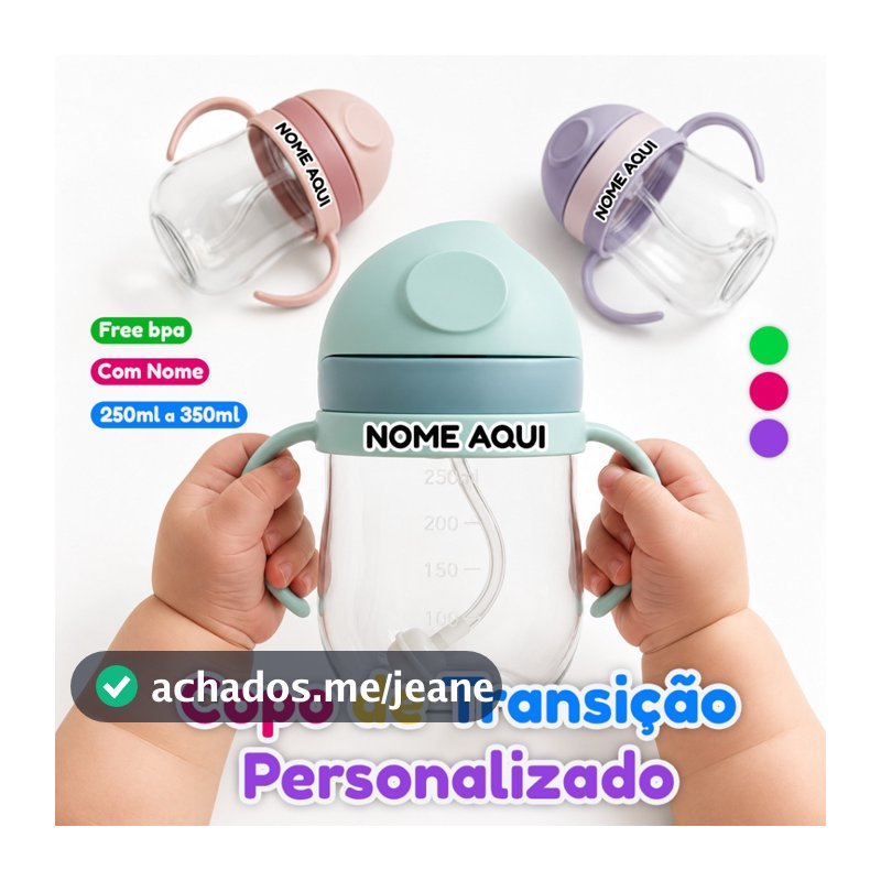 Copo Transição Infantil 350ml Personalizado NOME - Antivazamento Resistente Canudo Alça Criança Bebê