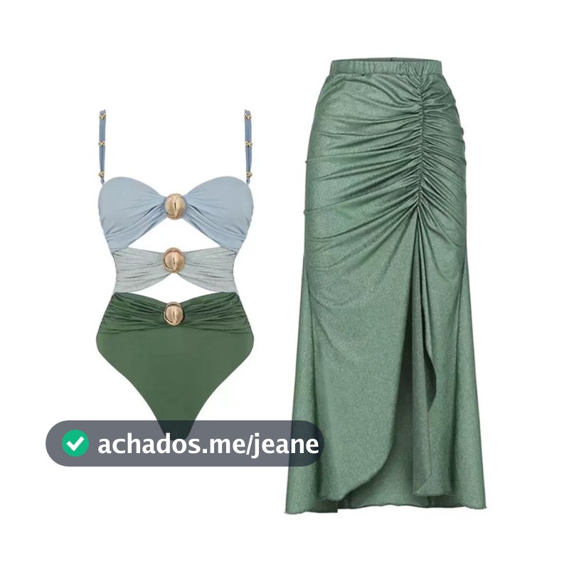 Conjunto Feminino Maiô Bikini Com Recortes E Saia De Praia