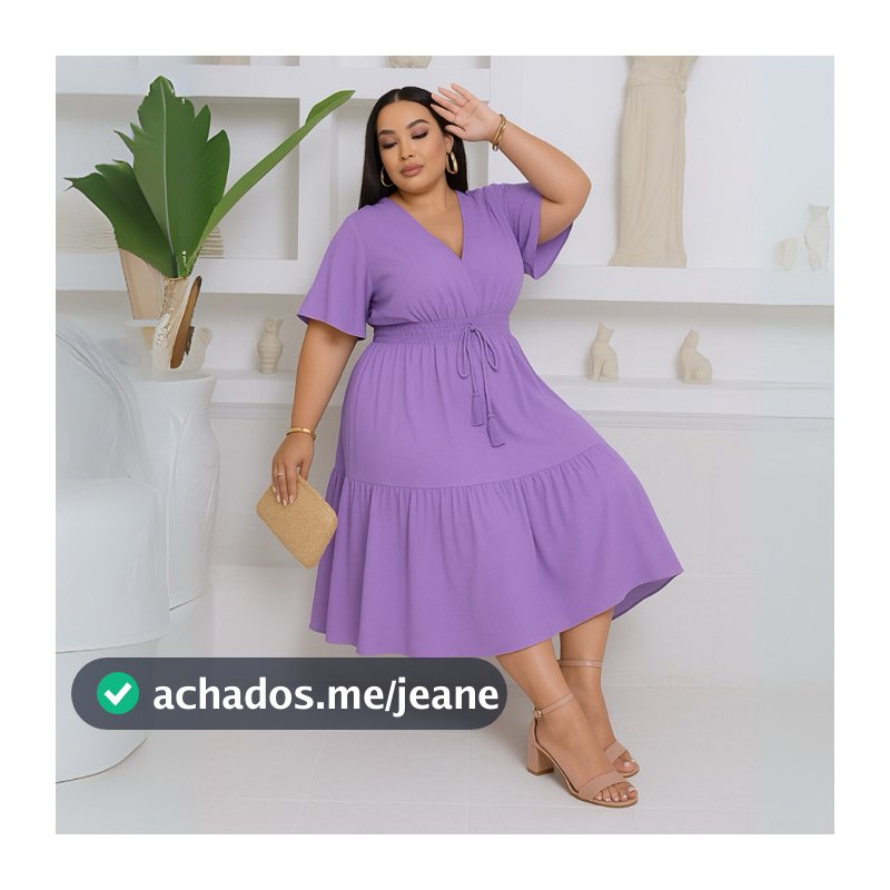 Vestido Feminino Midi Plus Size Decote V Manga Curta Cintura Lastex Saia com Babado Elegante Soltinho