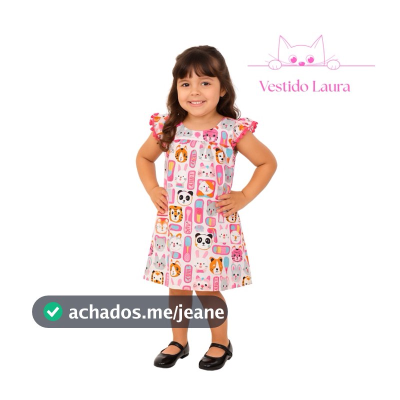 Vestido Infantil Menina Rosa Floral Manga Bufante Vestido Criança Bordado Estampa Gatinho Luxo Vestido Midi Princesa