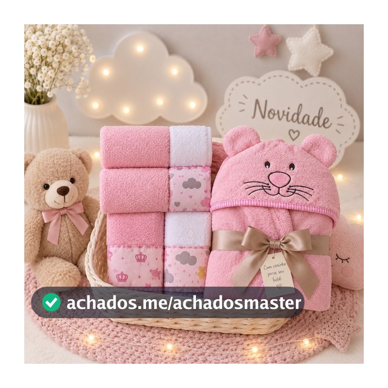 Kit Enxoval Bebê Toalha com Capuz Bordado + 5 Toalhinhas Boca Ombro Felpudas