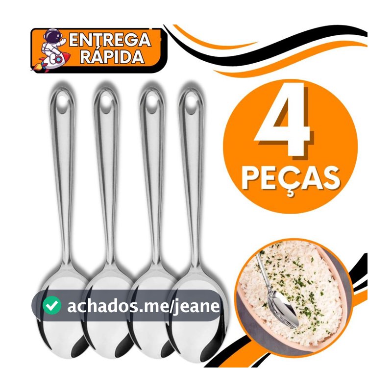 KIT JOGO 4 Colher de Servir Arroz Grande Inox Resistente Utensilio Casa Cozinha Restaurante Bar Buffet