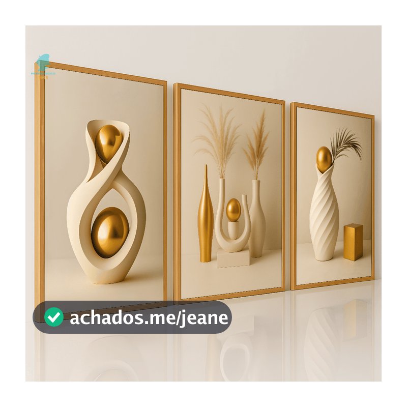 Quadros Decorativo Trio Vasos Geométricos Bege e Dourado Abstrato Sala Quarto
