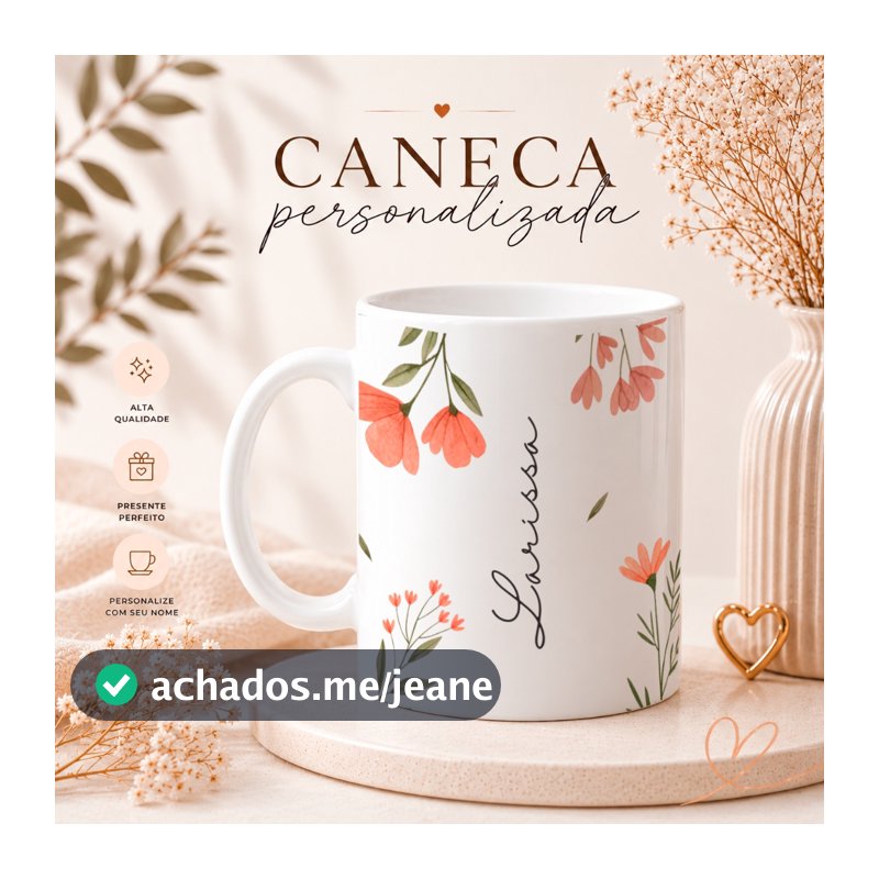 Caneca Personalizada Nome Floral Minimalista - Porcelana Premium 325 ml