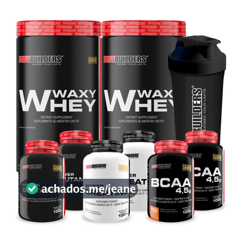 Kit 2x Waxy Whey 900g + 2x BCAA + 2x Creatina 100g + 2x Glutamina 100g + Coqueteleira - Bodybuilders