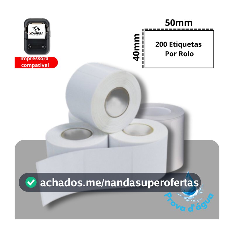 5 ROLO ETIQUETA PROVA DAGUA MINI IMPRESSORA XD-210 - 50X40