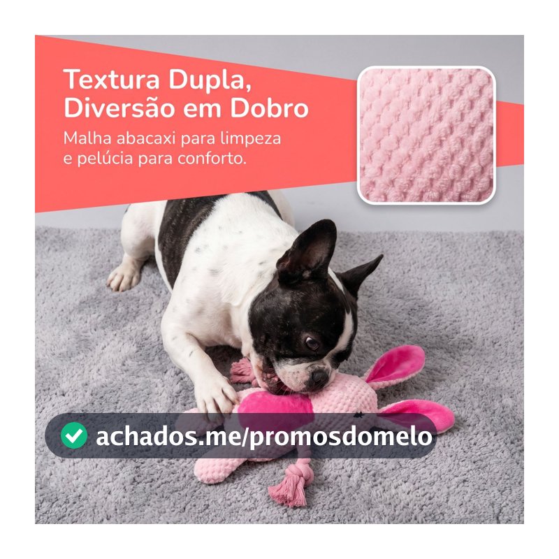 Brinquedo Coelho Pelúcia c/ Corda p/ Cães | Tecido Abacaxi Anti-Rasgo | Corda Reforçada | Com Apito